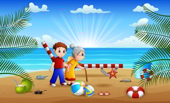 Happy boy with his grandmother on the beach vector