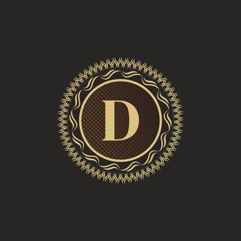 Emblem Letter D Gold Monogram Design. Luxury Volumetric Logo Template. 3D Line Ornament for Business Sign, Badge, Crest, Label, Boutique Brand, Hotel, Restaurant, Heraldic. Vector Illustration
