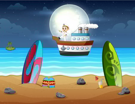 Wooden ancient ship sailing at night vector