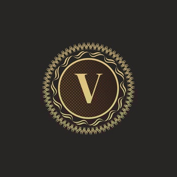 Emblem Letter V Gold Monogram Design. Luxury Volumetric Logo Template. 3D Line Ornament for Business Sign, Badge, Crest, Label, Boutique Brand, Hotel, Restaurant, Heraldic. Vector Illustration