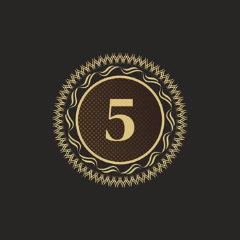 Emblem Number 5 Gold Monogram Design. Luxury Volumetric Logo Template. 3D Line Ornament for Business Sign, Badge, Crest, Label, Boutique Brand, Hotel, Restaurant, Heraldic. Vector Illustration