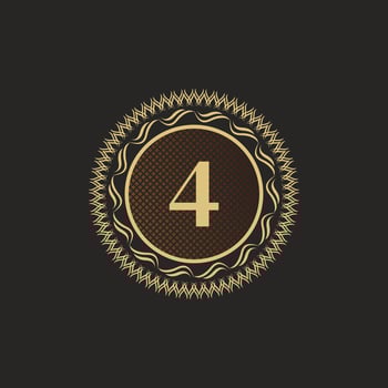 Emblem Number 4 Gold Monogram Design. Luxury Volumetric Logo Template. 3D Line Ornament for Business Sign, Badge, Crest, Label, Boutique Brand, Hotel, Restaurant, Heraldic. Vector Illustration