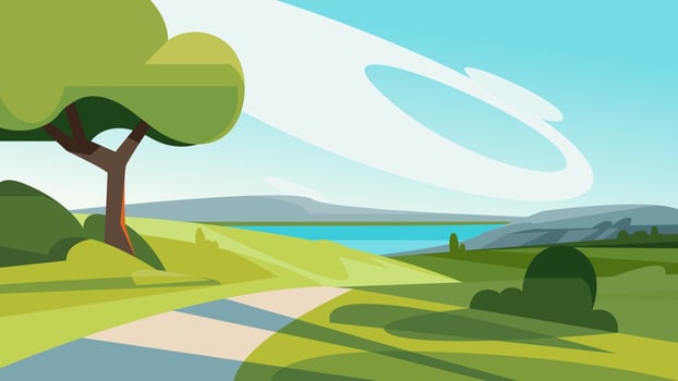 Summer landscape with road to the lake. vector