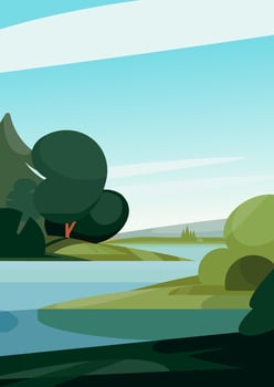 Summer landscape with river. Natural scenery in portrait format. vector
