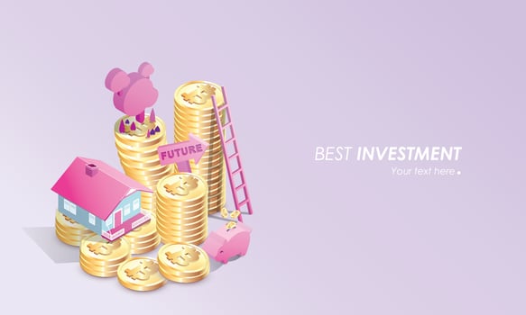 Bitcoin for investment concept with home , stair, piggy bank savings vector