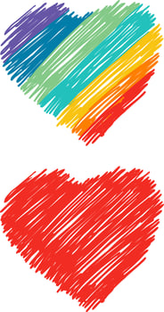 Rainbow heart written by red crayon vector