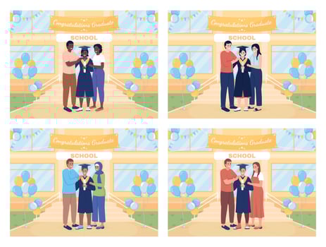 School graduation ceremony flat color vector illustration set
