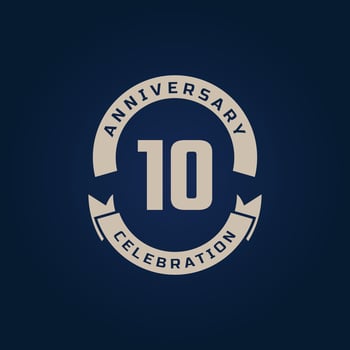 10 Year Anniversary Celebration with Golden Color for Celebration Event, Wedding, Greeting card, and Invitation Isolated on Blue Background vector