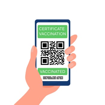 Electronic Certificate of vaccine from covid-19 with QR code. Hand holds Smartphone with Health passport app on screen for control, check of safety from coronavirus infection vector