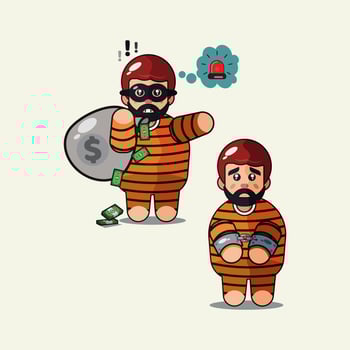 Thief, money and siren cute cartoon vector illustration. Caught thief concept