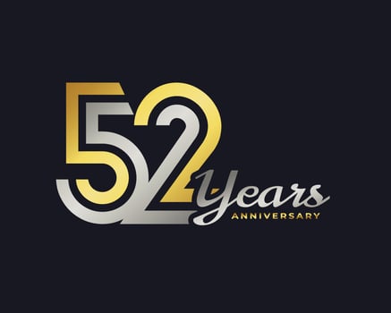 52 Year Anniversary Celebration with Handwriting Silver and Gold Color for Celebration Event, Wedding, Greeting card, and Invitation Isolated on Dark Background vector