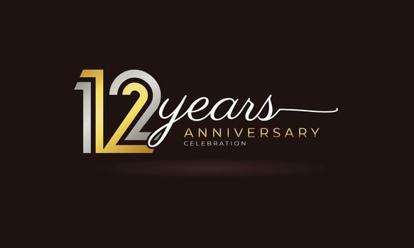 12 Year Anniversary Celebration Logotype with Linked Multiple Line Silver and Golden Color for Celebration Event, Wedding, Greeting Card, and Invitation Isolated on Dark Background vector