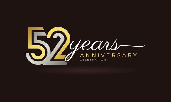 52 Year Anniversary Celebration Logotype with Linked Multiple Line Silver and Golden Color for Celebration Event, Wedding, Greeting Card, and Invitation Isolated on Dark Background vector