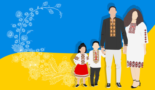 Family in embroidered shirts on the background of the flag of Ukraine. vector