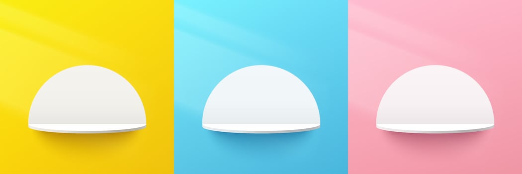 Set of abstract 3d white semi circle shelf or podium on yellow, blue, pink pastel color wall scene with circle backdrop. Vector rendering geometric shape for cosmetic product display presentation.