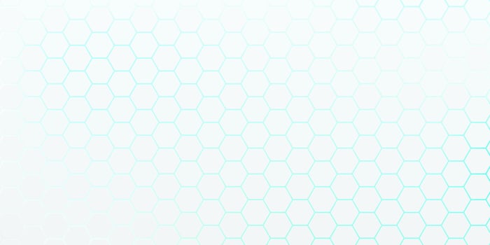 White hexagon pattern on blue, green neon color abstract background in technology style. Modern futuristic geometric shape  banner design. You can use for cover template, poster. Vector illustration