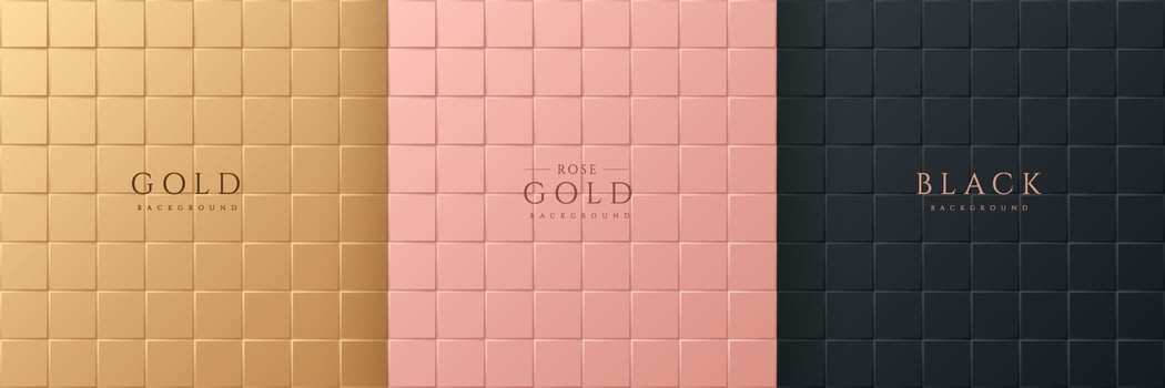 Set of abstract 3D luxury gradient golden, Pink gold and Black square pattern background. Seamless geometric tile collection. Can use for cover, poster, banner web, flyer, Print ad. Vector EPS10