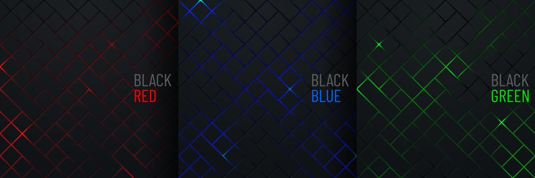 Set of black square pattern on glowing red, blue, green neon abstract background in technology style. Modern futuristic geometric shape collection design. You can use for cover template, poster. vector