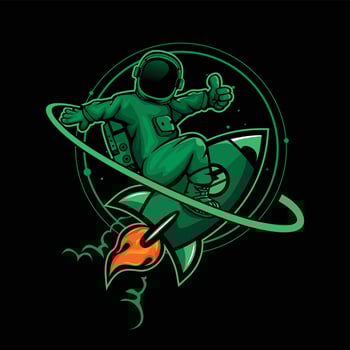 Vector illustration of green astronaut flying in space on rocket
