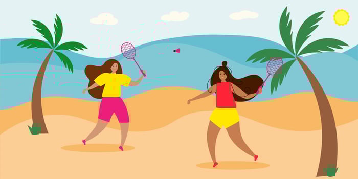 Postcard with girls who play badminton on the beach. vector