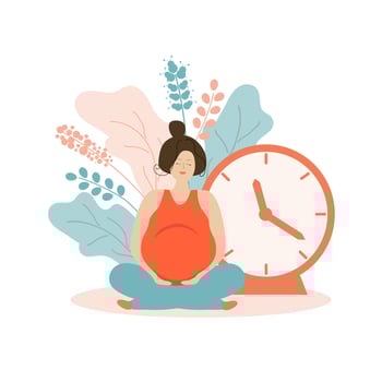 Cute pregnant woman in flowers and with a clock. Delivery time. Pregnancy and motherhood. Carrying a baby. Flat illustration. vector