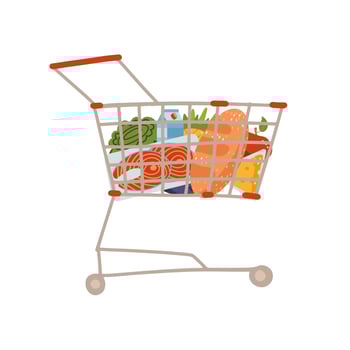 Shopping trolley full of food, fruit, products, grocery goods. Grocery shopping cart. Buying food in supermarket concept. Vector flat hand drawn illustration for advertising banner .