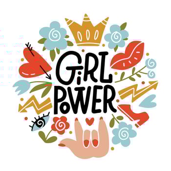 Girl power - vector hand drawn lettering concept with female symbols in flat doodle style. Feminism round composition. Circle chape illustration for cards and banners isolated on white background.