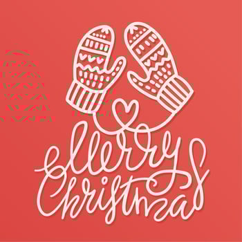 Outlined hand drawn Christmas warm mittens with lettering qoute merry Christmas. Doodle vector illustration for for greeting cards, posters, stickers and seasonal design. Isolated on red background
