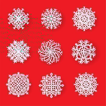 Set of beautiful patterned laser cut snowflakes. Template christmas, new year decorations designs. Elements for the New Year holidays. Vector illustration on a red background