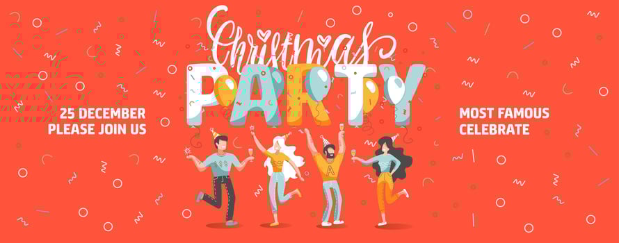 Vector invitation ticket template to Christmas party with funny people dancing and drinking wine. New Year banner with lettering text.
