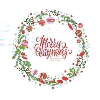 Christmas wreath with berries, spruce branches, leaves and snowflakes on white background. Hand drawn circle frame. Perfect for holiday greeting cards vector