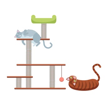 Tabby kittens on the scratching post. Scratching rope post. Cat house with hanging ball toy. Cute cat lying on cat tower. Flat cartoon vector illustration