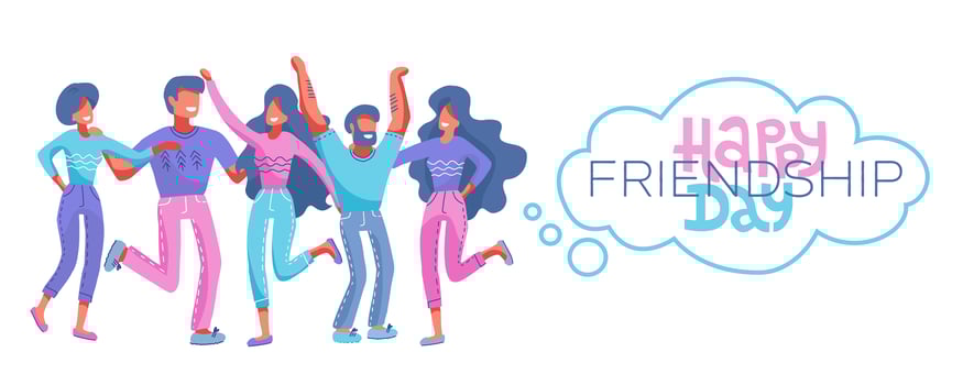 Happy friendship day greeting card with diverse friend group of people hugging together for special event celebration. Vector flat hand drawn illustration with lettering quote