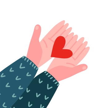 Two hands holding a heart. Top view. Valentine's day, love, relationship. Charity symbol. Two arms in a knitted sweater hold out a red heart. Vector flat hand drawn illustration