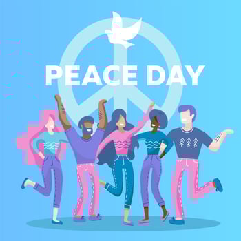 Characters of people on the background of big peace icon illustration. International Peace day greeting card with dove symbil. Five people of different races , nationalities hug together. Vector eps10