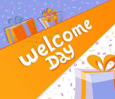 Welcome day lettering square banner with gift boxes. Black hand drawn Vector typography illustration. poster, banner, greeting template for special offer day