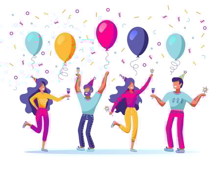 Set of people celebrating holiday, event. Man and woman characters in holiday cap dancing, having fun and having toast with confetti and balloons on white background. Hand drawn People on the party vector