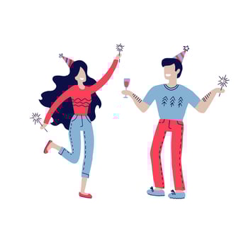 Young couple celebrating avatars characters. Group of happy, joyful people celebrating holiday, event. Man, woman characters in holiday cap dancing, having fun. People on the party. Vector hand drawn