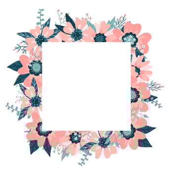 Floral Frame isolated on the white background. Cute flat floral wreath perfect for wedding invitations and birthday cards. Rose hip border with eucalyptus branches. Vector hand drawn illustration.