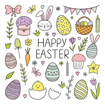 Hand drawn set of Happy easter doodle. Easter bunny, chick, eggs, branches, tulips in sketch style. Design for card template, holiday decorations.Vector illustration isolated on white background. vector