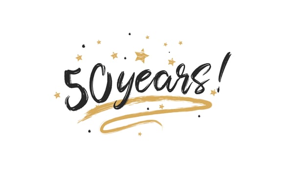 50 Years Card Beautiful Greeting Scratched Calligraphy Black Text Word Gold Stars. Handwritten Modern Brush Lettering for Celebration Event, Wedding, Greeting Card, and Invitation vector