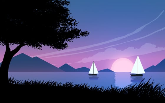 Boats at sunset flat landscape illustration vector