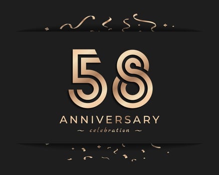 58 Year Anniversary Celebration Logotype Style Design. Happy Anniversary Greeting Celebrates Event with Golden Multiple Line and Confetti Isolated on Dark Background Design Illustration vector