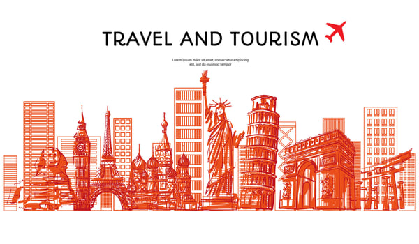 Travel to World with famous landmarks with hand drawn sketch style panorama with airplane jetliner flying sign for travel poster banner and postcard design Vector illustration.