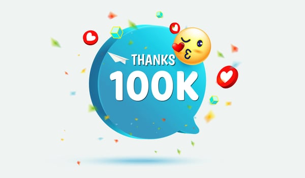 Thank you 100K. One hundred thousand of subscribers or followers with social network blue icons neon style, Smile face emoji emoticon icon , doodle, message and heart for Web, App vector