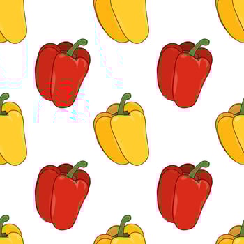 Capsicum, sweet pepper, bell pepper against white background. Seamless pattern. Wrapping paper pattern. Hand drawn vegetable vector. Illustration of vegetable garden, gardening. vector