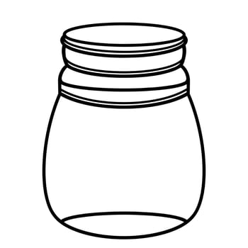Oval glass jar with a lid. Empty flask. Isolated vector icon on white background. The contour of the bottle, the silhouette of the vessel. Hand-drawn black doodle.