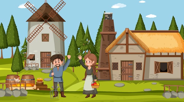 Medieval town scene with villagers vector