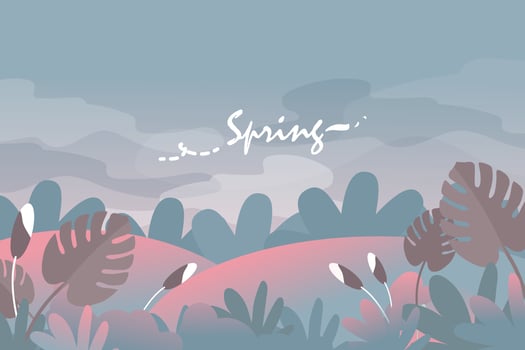 Spring and summer environment background or banner design with lovely flowers, leaves, mountain, landscape and sky element. EPS10 vector illustration