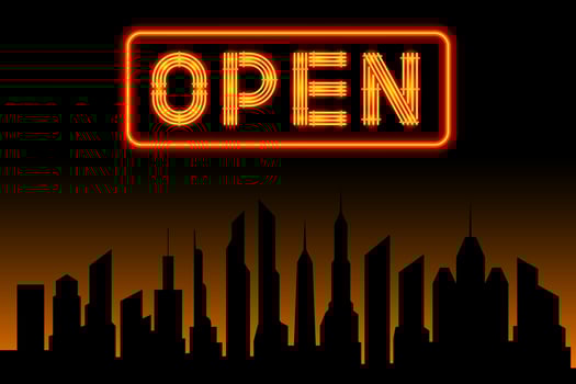 open neon sign cityscape panorama silhouette background vector